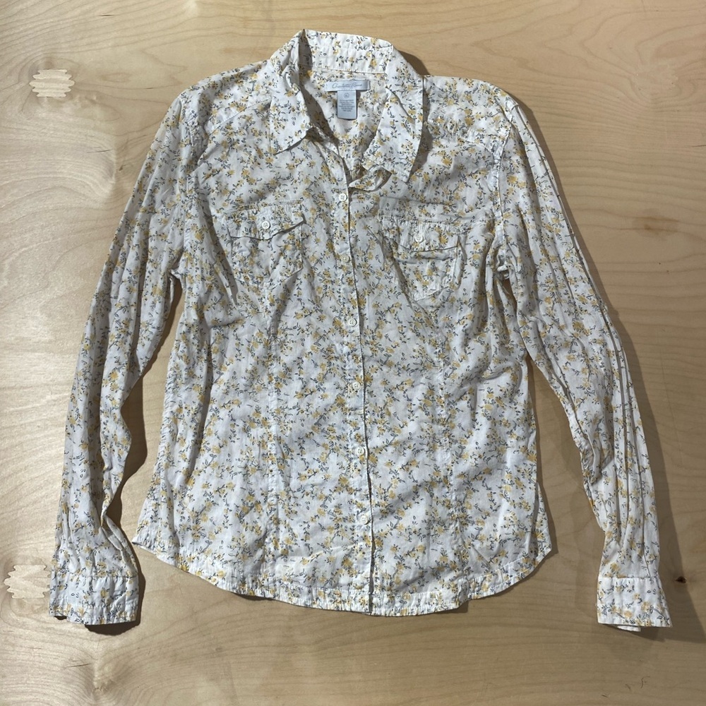 Charlotte Russe White Floral Button-Up with Yellow Print XL (QO)